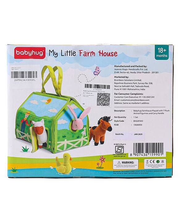 Babyhug Farm House Playset with Carry Handle | 7 Animal Plush Figurines (Duck, Pig, Horse, Hen, Sheep, Rabbit & Cow) | Educational & Montessori Learning Toy for Pretend Play | BIS Certified | Gifting Toy