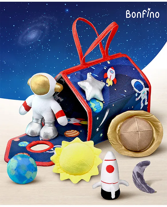 Bonfino Premium Space House Playset with Carry Handle | 7 Space Plush Figurines (Sun, Earth, Moon, Stars, Saturn, Rocket & Astronaut) | Educational & Montessori Learning Toy for Pretend Play | BIS Certified | Gifting Toy