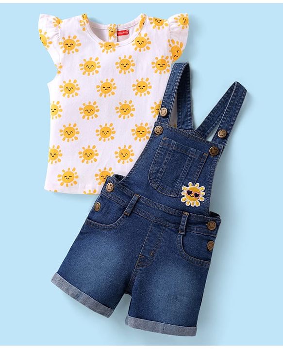 Babyhug Single Jersey Knit Frill Sleeves Dungaree & Top Set with Sun Print - White & Blue