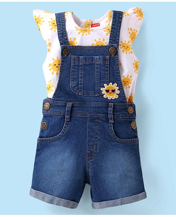 Babyhug Single Jersey Knit Frill Sleeves Dungaree & Top Set with Sun Print - White & Blue