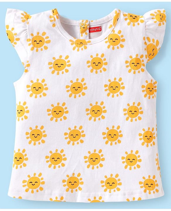 Babyhug Single Jersey Knit Frill Sleeves Dungaree & Top Set with Sun Print - White & Blue