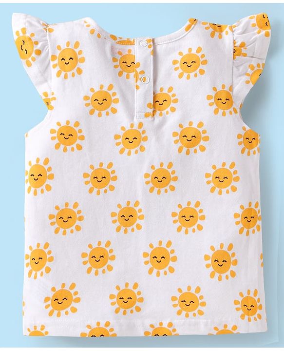 Babyhug Single Jersey Knit Frill Sleeves Dungaree & Top Set with Sun Print - White & Blue