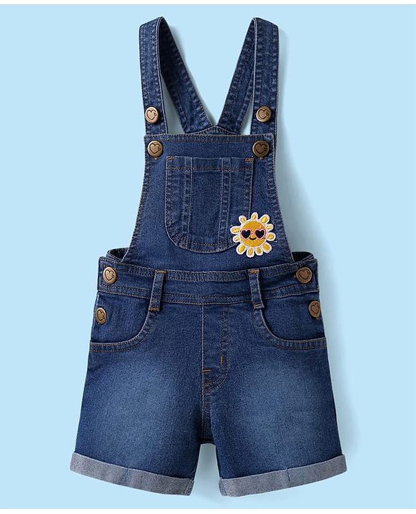 Babyhug Single Jersey Knit Frill Sleeves Dungaree & Top Set with Sun Print - White & Blue