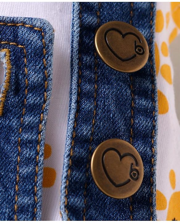 Babyhug Single Jersey Knit Frill Sleeves Dungaree & Top Set with Sun Print - White & Blue