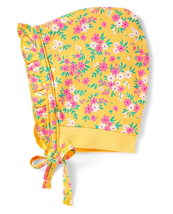 Babyhug 100% Cotton Interlock Knit Bonnet Cap With Floral Print Yellow - Diameter 13 cm