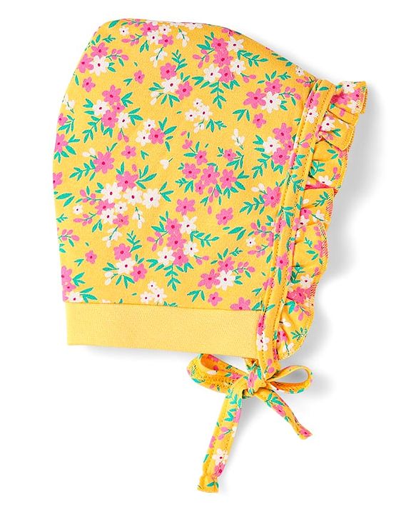 Babyhug 100% Cotton Interlock Knit Bonnet Cap With Floral Print Yellow - Diameter 13 cm