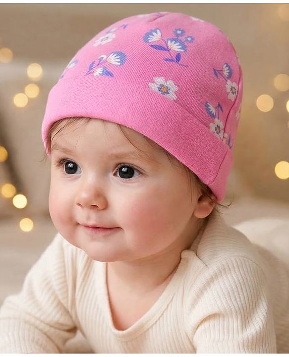 Babyhug 100% Cotton Knit Cap Mittens & Booties Set Floral Print - Pink