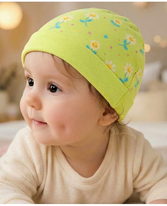 Babyhug 100% Cotton Cap with Floral Print - Lemon Yellow - Diameter 15cm