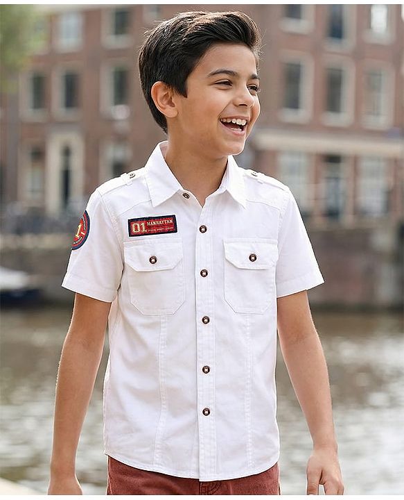 Pine Kids Cotton Woven Half Sleeves Solid Colour Shirt - White