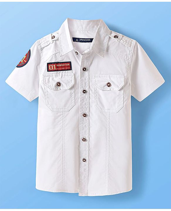 Pine Kids Cotton Woven Half Sleeves Solid Colour Shirt - White