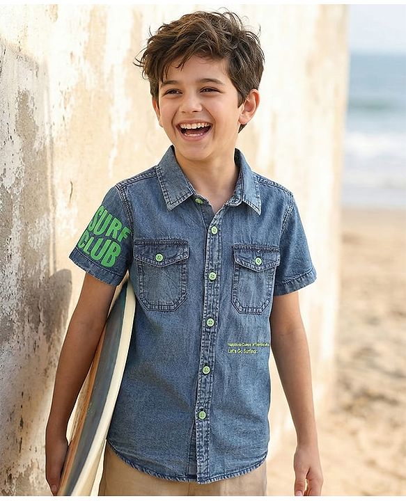 Pine Kids Denim Woven Washed Shirt With Text Print - Blue