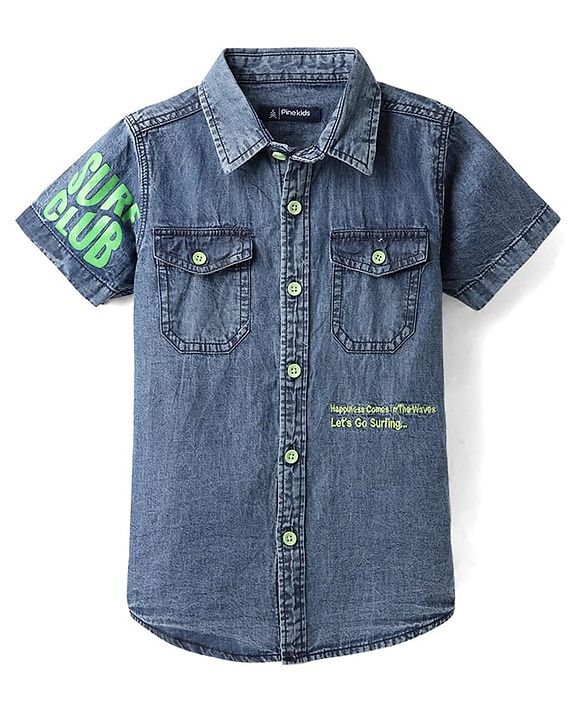 Pine Kids Denim Woven Washed Shirt With Text Print - Blue