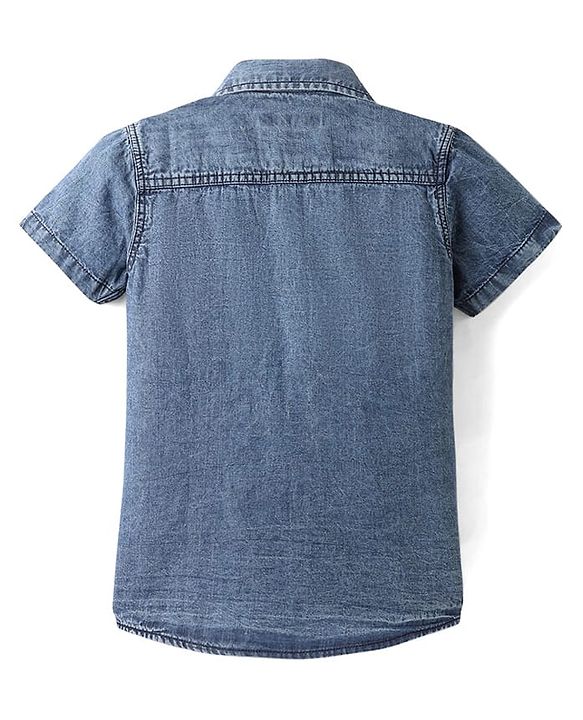 Pine Kids Denim Woven Washed Shirt With Text Print - Blue