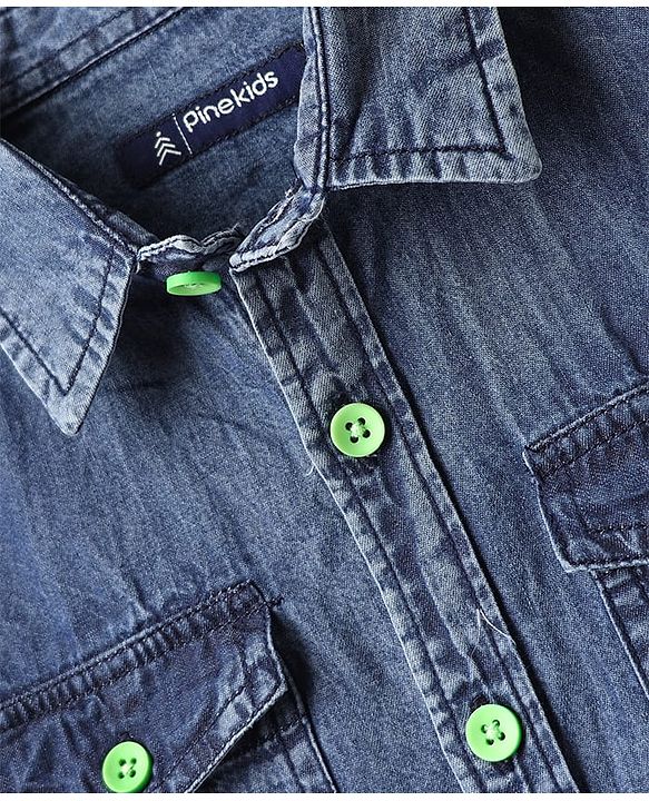 Pine Kids Denim Woven Washed Shirt With Text Print - Blue