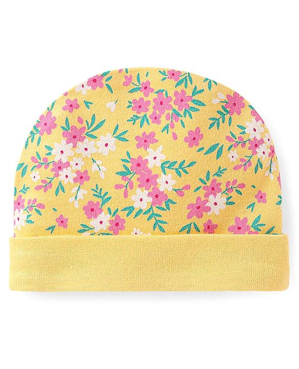 Babyhug Interlock Knit 100% Cotton Floral Printed Cap Yellow - Diameter 10.5cm
