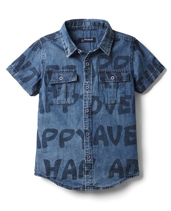 Pine Kids Denim Woven Half Sleeves Washed Shirt With Text Print - Blue
