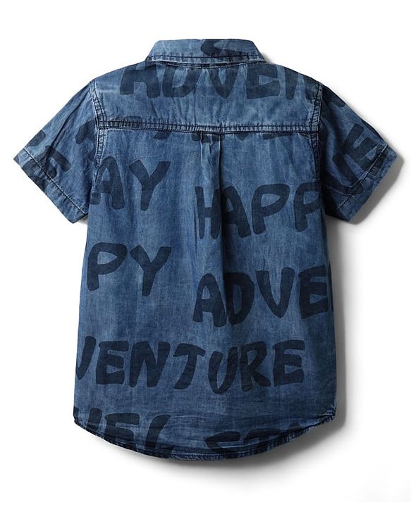 Pine Kids Denim Woven Half Sleeves Washed Shirt With Text Print - Blue