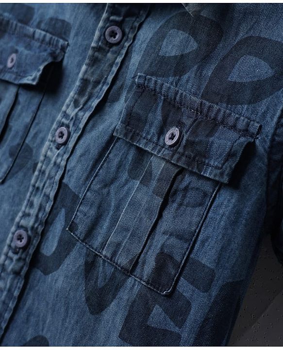 Pine Kids Denim Woven Half Sleeves Washed Shirt With Text Print - Blue