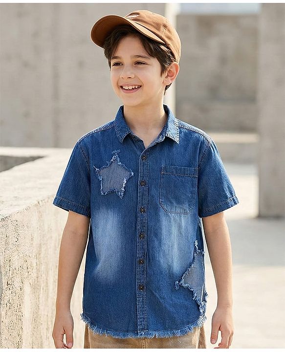 Pine Kids Denim Woven Half Sleeves Washed Shirt With Distressed Star Patch - Blue