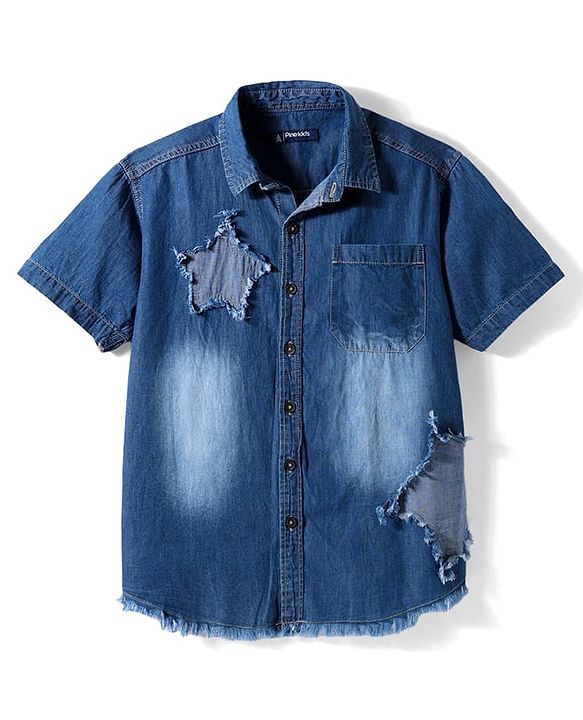 Pine Kids Denim Woven Half Sleeves Washed Shirt With Distressed Star Patch - Blue