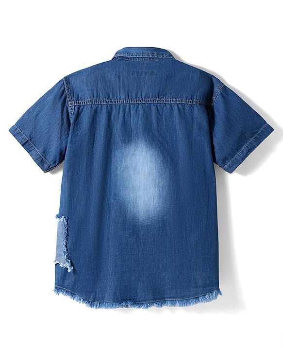 Pine Kids Denim Woven Half Sleeves Washed Shirt With Distressed Star Patch - Blue