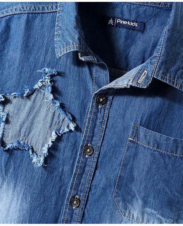 Pine Kids Denim Woven Half Sleeves Washed Shirt With Distressed Star Patch - Blue