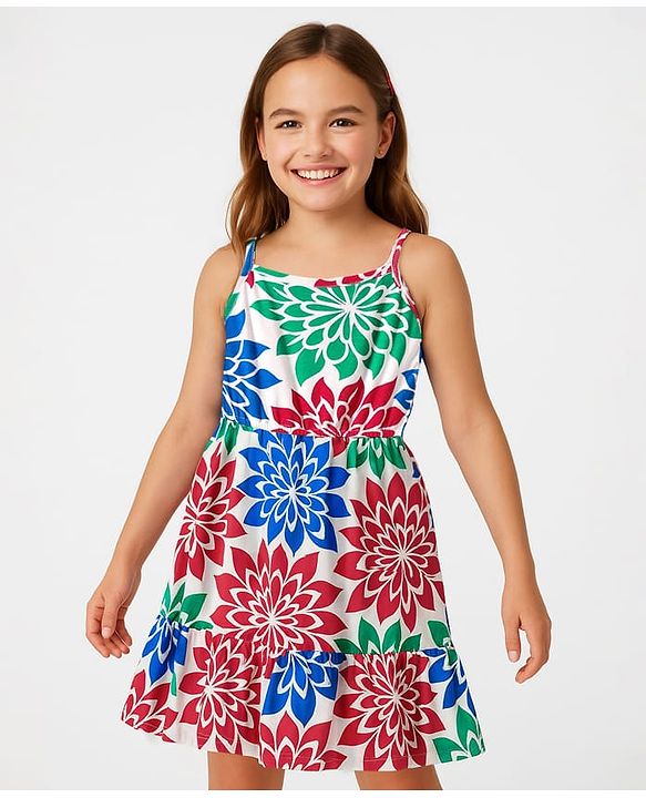 Pine Kids Cotton Knit Sleeveless Frock With Floral Print - White