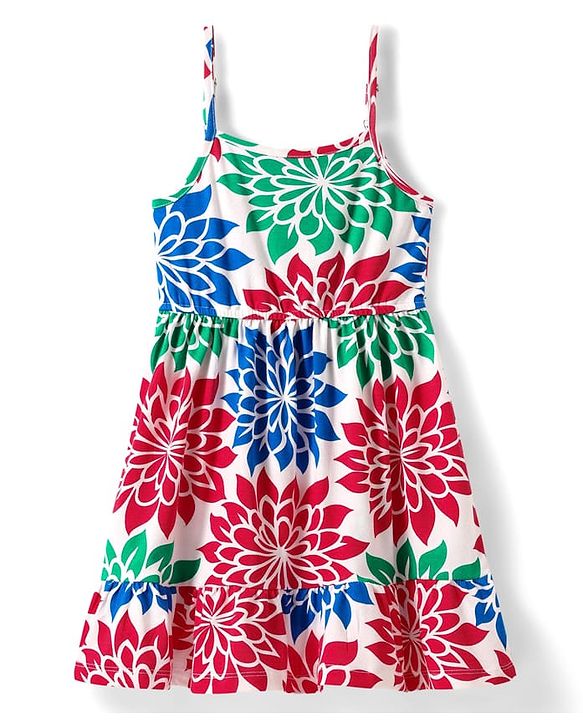 Pine Kids Cotton Knit Sleeveless Frock With Floral Print - White