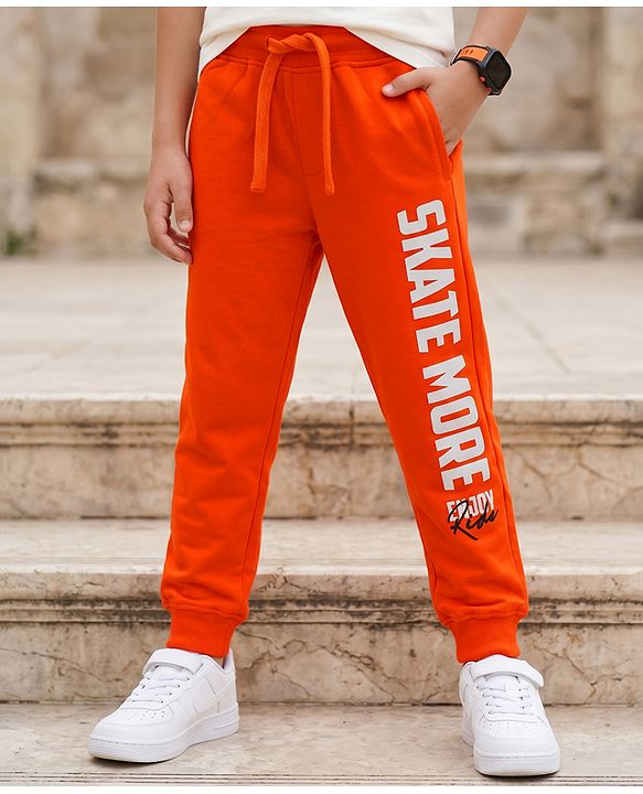 Pine Kids Cotton Knit Full Length Lounge Pant With Text Print - Orange