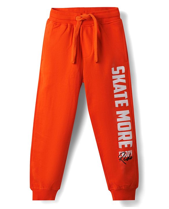 Pine Kids Cotton Knit Full Length Lounge Pant With Text Print - Orange