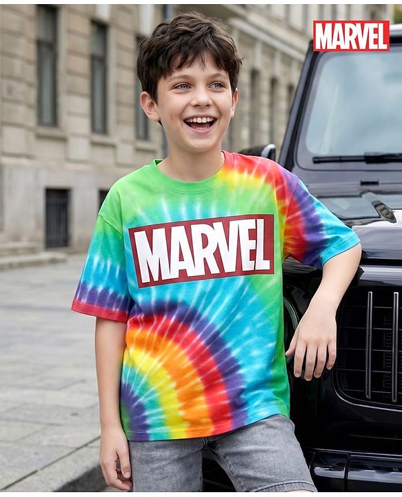 Pine Kids Marvel Terry Knit Half Sleeves Oversized And Drop Shoulder T-Shirt With Avengers Graphics And Tie And Dye Detailing - Green & Light Blue