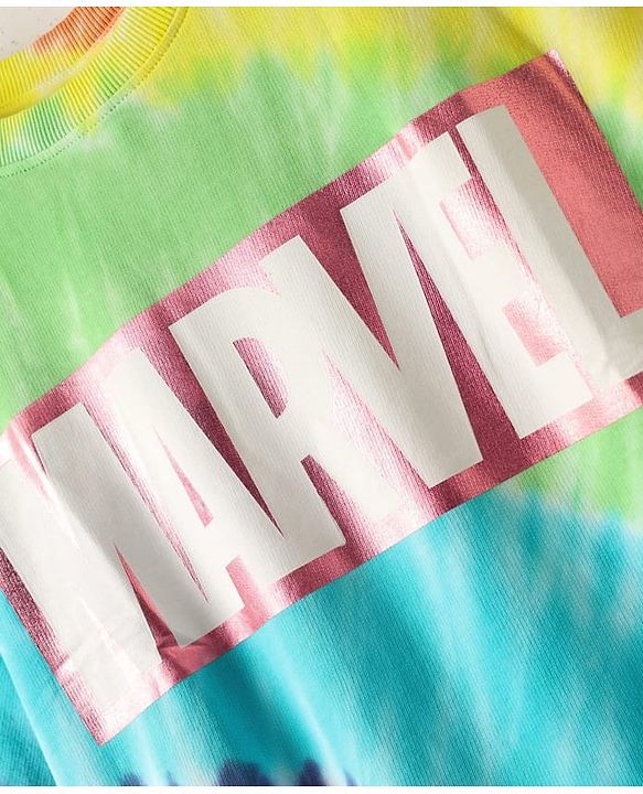 Pine Kids Marvel Terry Knit Half Sleeves Oversized And Drop Shoulder T-Shirt With Avengers Graphics And Tie And Dye Detailing - Green & Light Blue