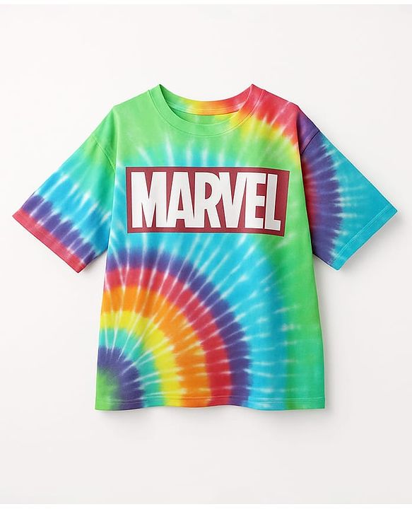 Pine Kids Marvel Terry Knit Half Sleeves Oversized And Drop Shoulder T-Shirt With Avengers Graphics And Tie And Dye Detailing - Green & Light Blue