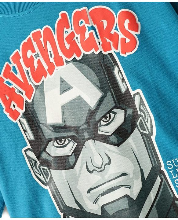 Pine Kids Marvel Terry Knit Half Drop Shoulder Sleeves Oversized T-Shirt with Captain America Puff Graphics - Teal Blue