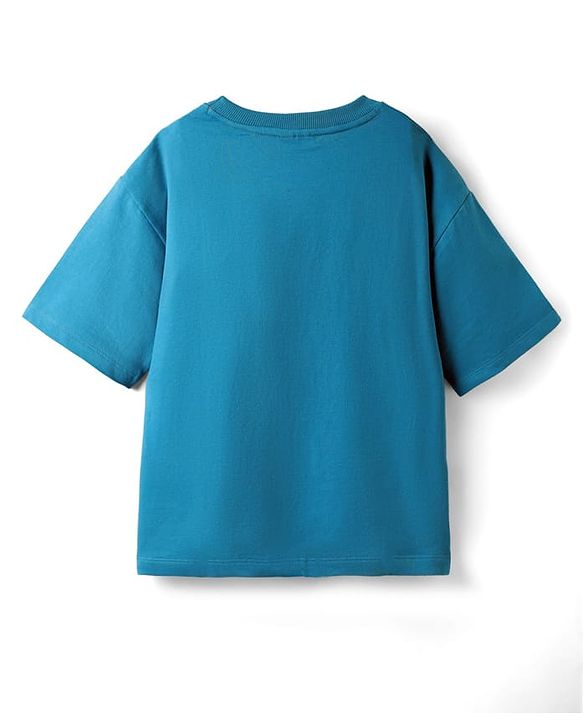 Pine Kids Marvel Terry Knit Half Drop Shoulder Sleeves Oversized T-Shirt with Captain America Puff Graphics - Teal Blue