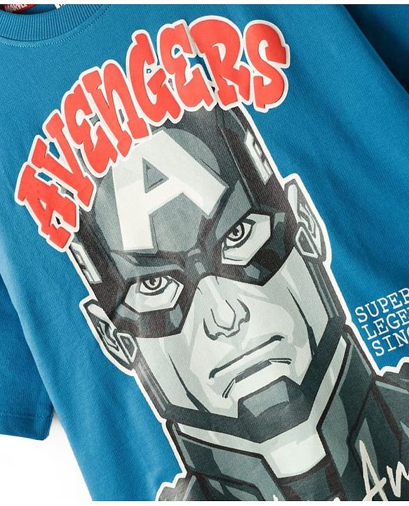 Pine Kids Marvel Terry Knit Half Drop Shoulder Sleeves Oversized T-Shirt with Captain America Puff Graphics - Teal Blue