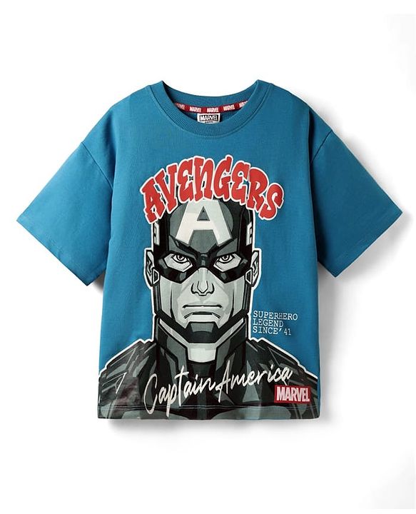Pine Kids Marvel Terry Knit Half Drop Shoulder Sleeves Oversized T-Shirt with Captain America Puff Graphics - Teal Blue