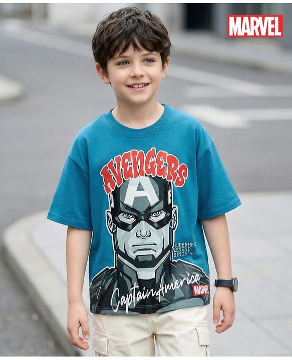 Pine Kids Marvel Terry Knit Half Drop Shoulder Sleeves Oversized T-Shirt with Captain America Puff Graphics - Teal Blue