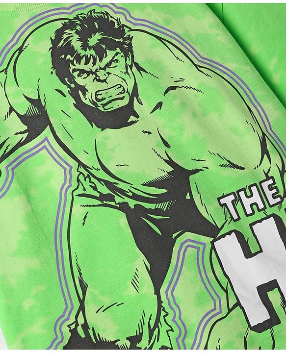 Pine Kids Marvel Terry Knit Half Sleeves Oversized And Drop Shoulder T-Shirt With Front And Back Avenger Hulk Graphics And Badge Detailing - Light Green
