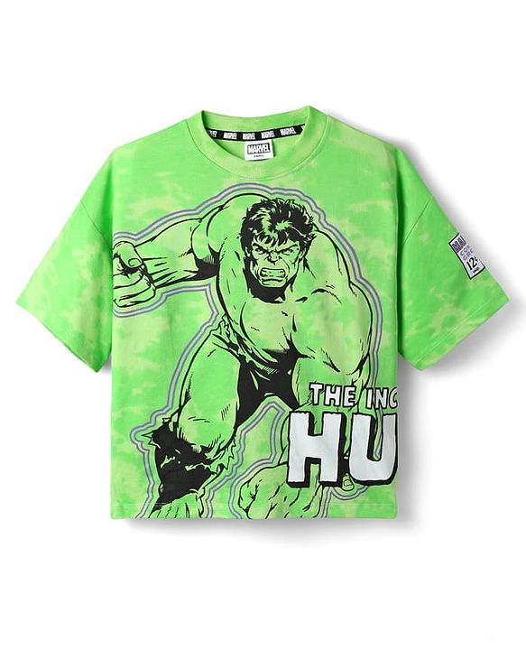 Pine Kids Marvel Terry Knit Half Sleeves Oversized And Drop Shoulder T-Shirt With Front And Back Avenger Hulk Graphics And Badge Detailing - Light Green