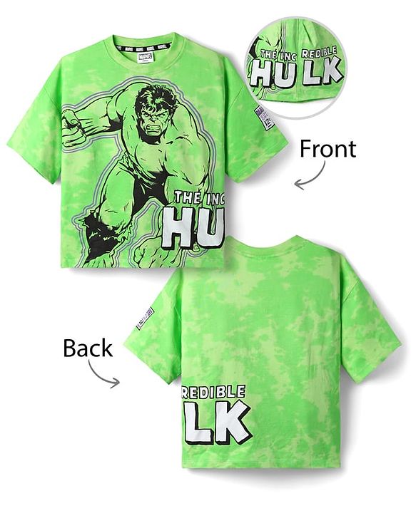 Pine Kids Marvel Terry Knit Half Sleeves Oversized And Drop Shoulder T-Shirt With Front And Back Avenger Hulk Graphics And Badge Detailing - Light Green