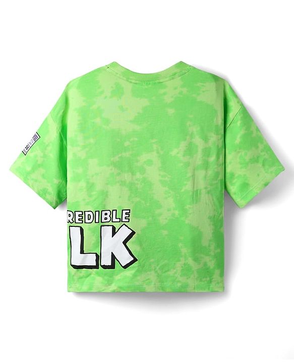 Pine Kids Marvel Terry Knit Half Sleeves Oversized And Drop Shoulder T-Shirt With Front And Back Avenger Hulk Graphics And Badge Detailing - Light Green