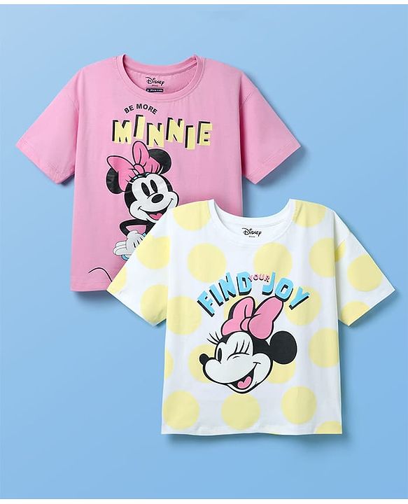 Pine Kids Disney Half Sleeves Oversized Drop Shoulder T-Shirt With Minnie Mouse Family Graphic Pack Of 2 - Pink & Yellow