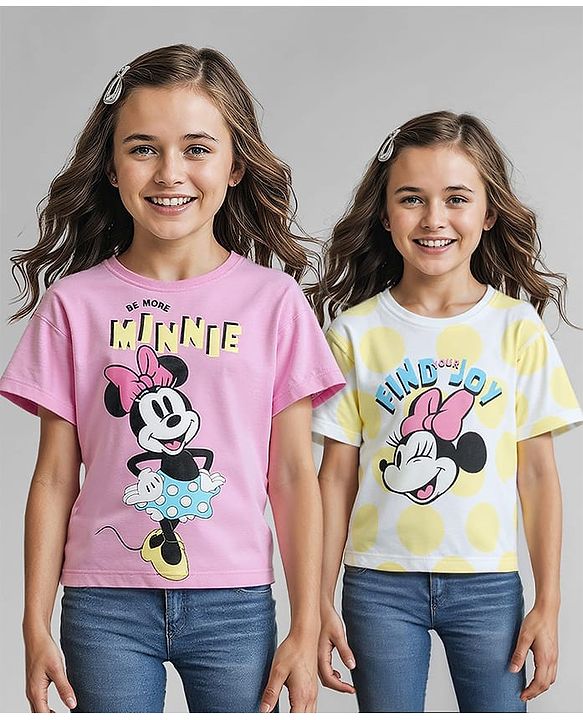 Pine Kids Disney Half Sleeves Oversized Drop Shoulder T-Shirt With Minnie Mouse Family Graphic Pack Of 2 - Pink & Yellow