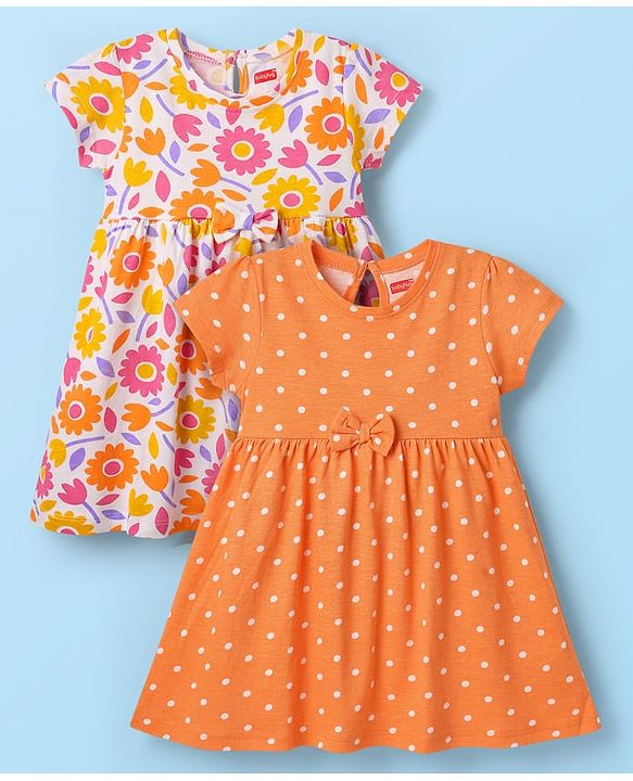 Babyhug Single Jersey Knit Half Sleeves Frocks With Bow Applique & Floral Print Pack Of 2 - Orange & White