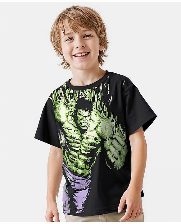 Pine Kids Marvel Single Jersey Knit Half Sleeves Drop Shoulder T-Shirt With Avengers Graphic - Black