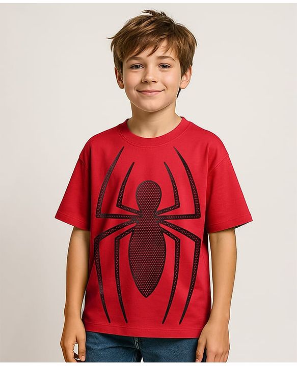 Pine Kids Marvel Single Jersey Knit Half Sleeves Drop Shoulder T-Shirt With Spider Man Graphic - Red