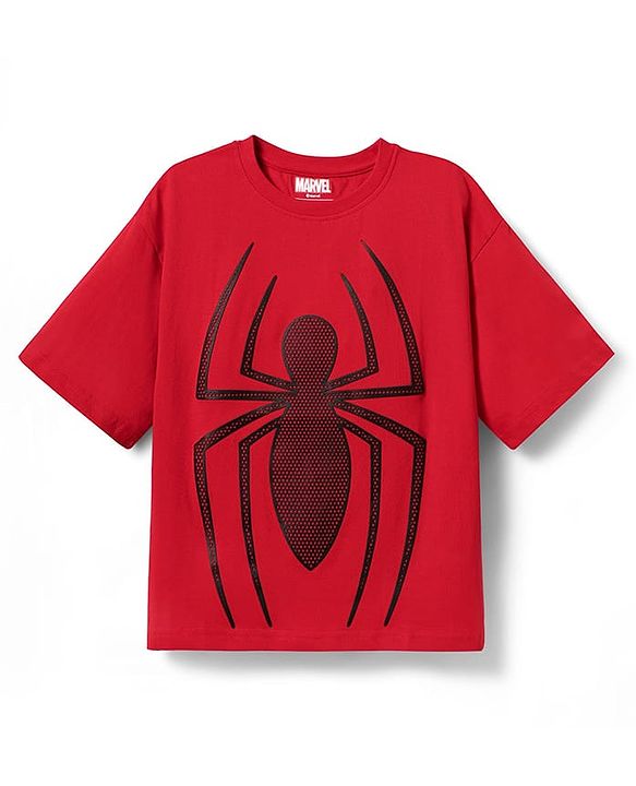 Pine Kids Marvel Single Jersey Knit Half Sleeves Drop Shoulder T-Shirt With Spider Man Graphic - Red
