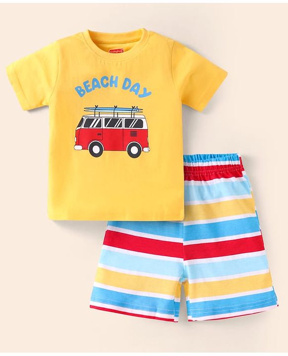 Babyhug Cotton Knit Half Sleeves Shorts Night Suit with Beach Theme Print & Stripes - Yellow