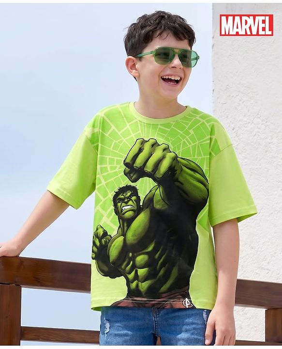 Pine Kids Marvel Single Jersey Knit Half Sleeves Drop Shoulder T-Shirt With Avengers Graphic - Limegreen